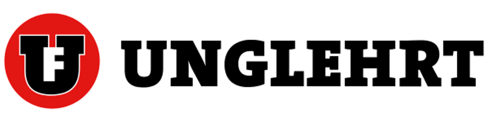Logo mit einem roten Kreis, der ein schwarzes "U" mit einem weißen "F" enthält, gefolgt vom Wort "UNGLEHRT" in Schwarz.
