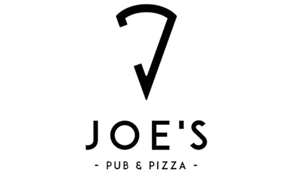 Minimalistisches Logo von Joe's Pub & Pizza mit einer stilisierten Pizzaschnitte als Umriss auf schwarzem Hintergrund.