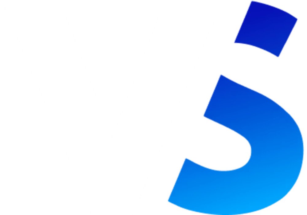 Weißes großes "V" und blau-türkises "S"-Logo mit Farbverlauf.