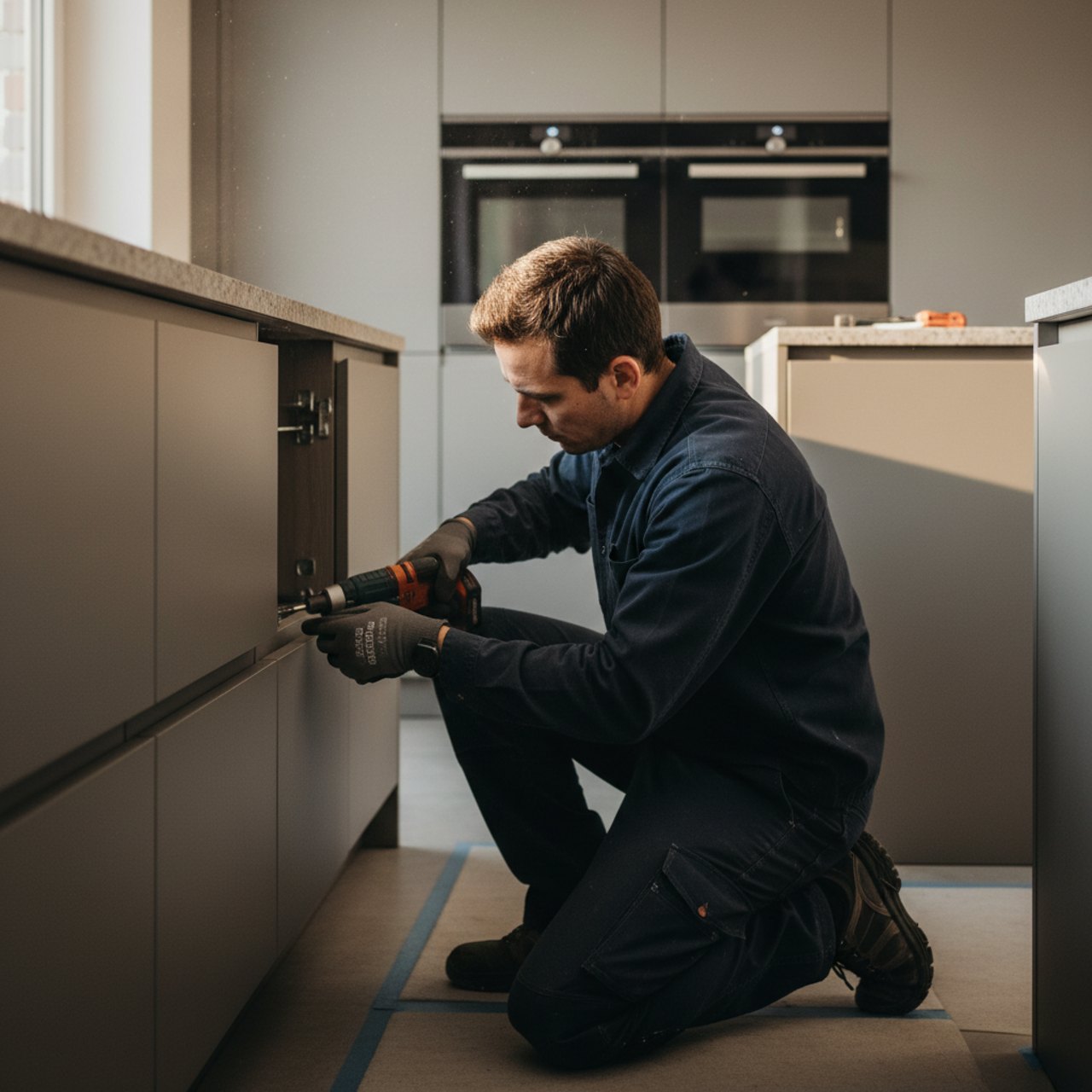 Servicemonteur bei der Montagearbeit an einer modernen Küche