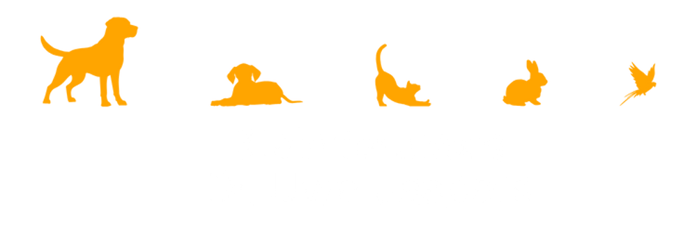 Kleintierpraxis Dr. Uwe Jaspers Logo mit Hund, Katze, Kaninchen und Vogel Silhouetten.