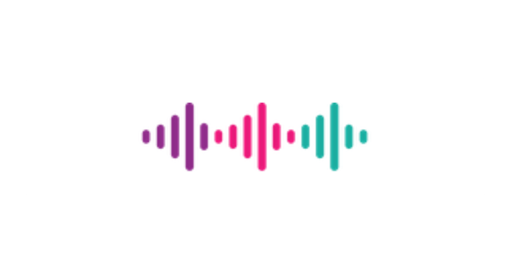 Eine animierte Tonspur in Lila, Pink und Türkis auf weißem Hintergrund symbolisiert eine Audioaufnahme oder Sprachnachricht.