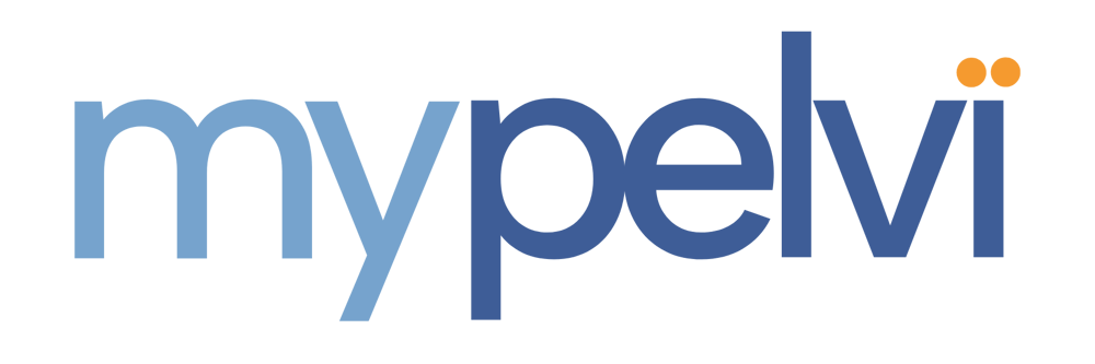 Schriftzug "mypelvi" in Blau mit orangefarbenen Punkten über dem "i".