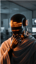 Guide IQ Black humanoid robot with glowing orange lines on its face and hand, wearing a white robe, in a blurred office.