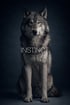 Grauer Wolf sitzt frontal vor dunklem Studiohintergrund mit stiller, intensiver Ausstrahlung. Typografisches Poster aus der Kollektion WILD WITHIN mit dem Wort „INSTINCT.“