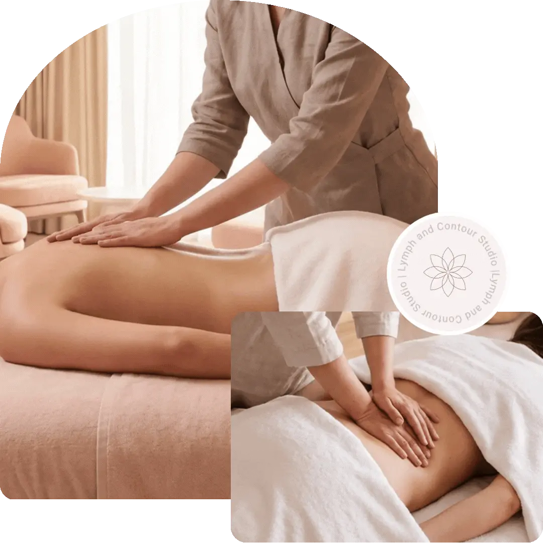 Therapist performing manual back massage and abdominal therapy on a client at Lymph and Contour Studio
