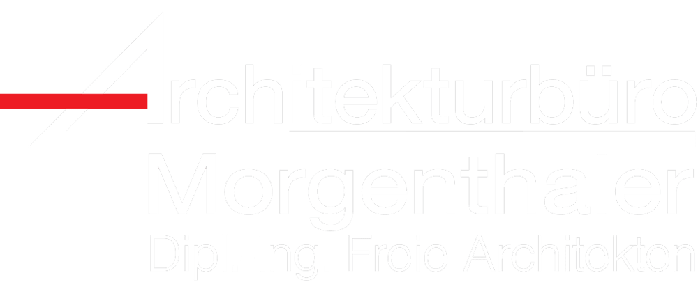 Logo Architekturbüro Morgenthaler Dipl.-Ing. Freie Architekten auf schwarzem Hintergrund, weißer Text, roter Strich