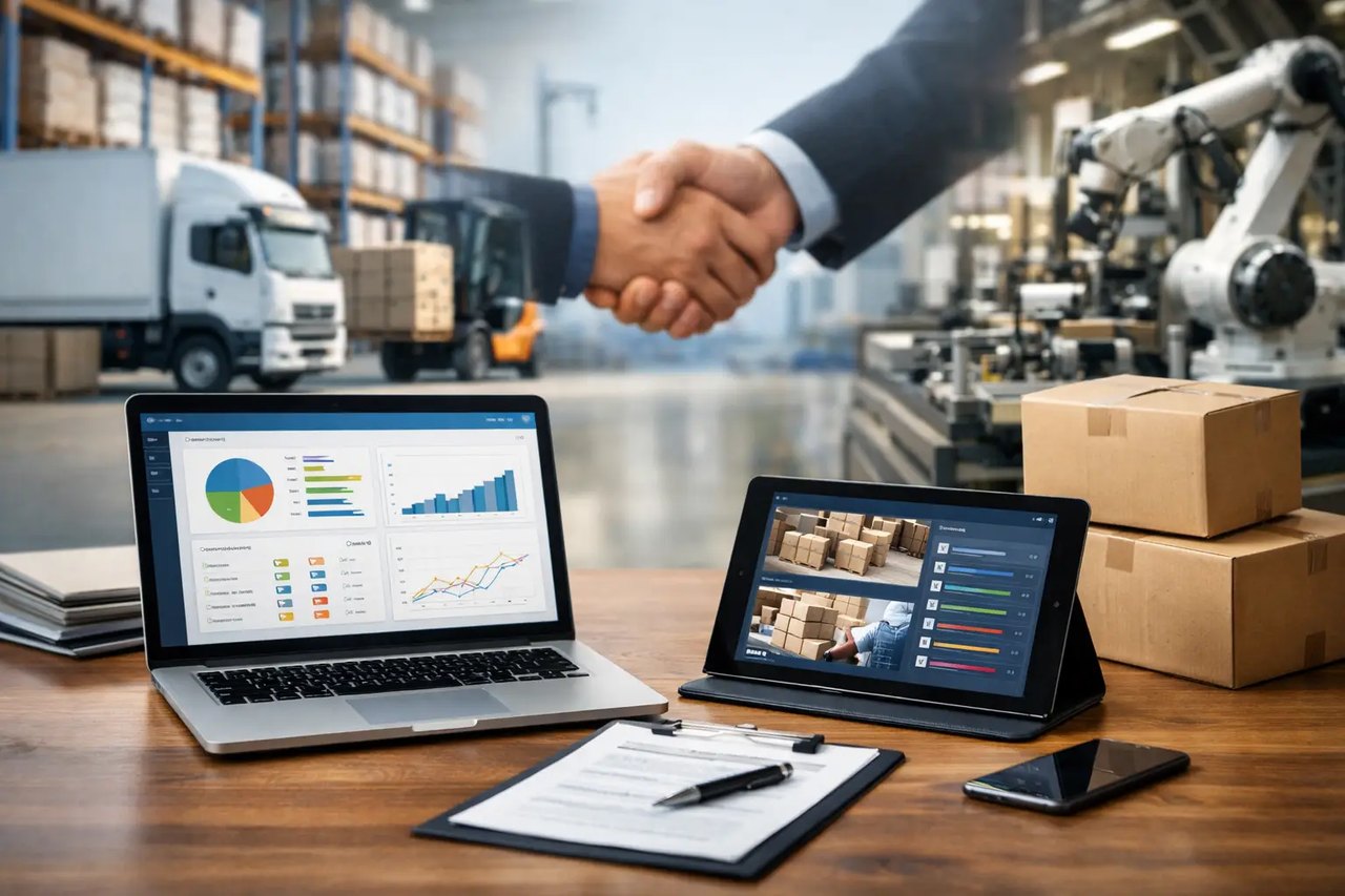 Händedruck über Laptop mit Datencharts, Tablet, Paketen und LKW im Logistikzentrum mit Roboterarm.