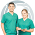 Aligned medical center staff members in teal scrubs