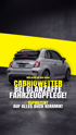 Grauer Abarth Cabrio auf dunklem Hintergrund mit gelbem Streifen, Text: "CABRIOWETTER BEI GLANZAFFE FAHRZEUGPFLEGE! 15PROZENT AUF ALLES AUCH KERAMIK!"