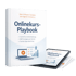 Das "Onlinekurs-Playbook" Cover zeigt einen Laptop mit Video-Icon, Häkchenlisten und einem Diagramm.