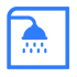 Blaue Duschkopf-Ikone mit fallenden Wassertropfen in einem Quadrat.