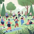 Übergewichtige Menschen beim Sport im Park im Comicstil
