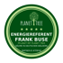 Grünes, rundes Planet Tree Logo mit Baum, 5 Sternen, Text "Energiereferent Frank Buse pflanzt mit Planet Tree Bäume in deutschen Wäldern" und Partner-ID #TFBYQZ.