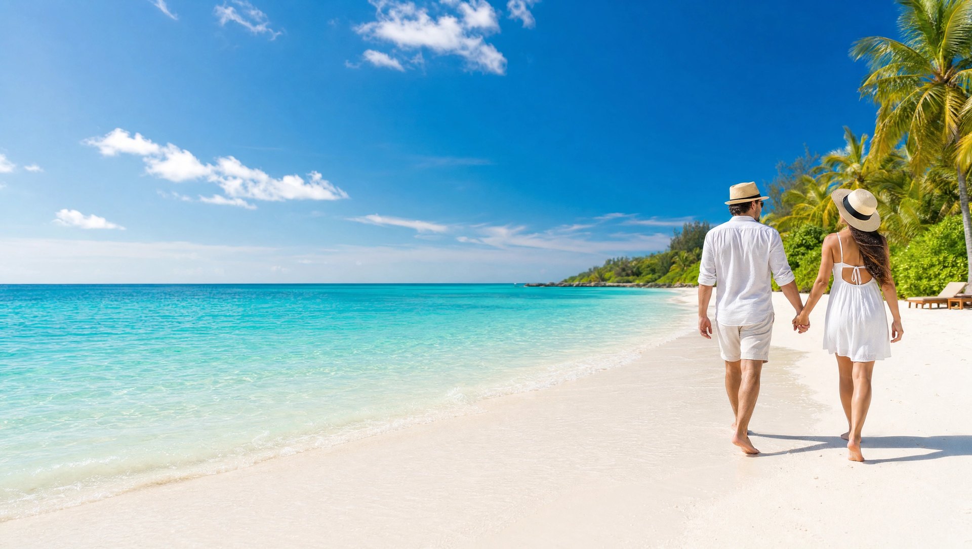 Ein Paar geht Hand in Hand einen Strand entlang