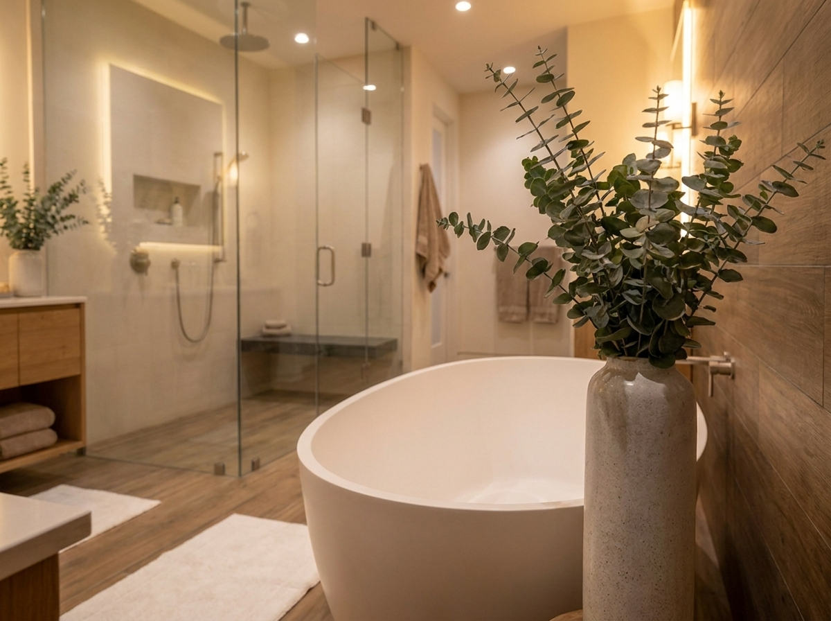 Warmes Spa-Bad in Holzoptik