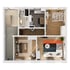 3D-Grundriss einer Wohnung mit Wohnzimmer, Schlafzimmer, Kinderzimmer, Küche, Bad und Treppenhaus in der Draufsicht.