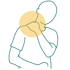 Eine Person hält sich mit der Hand den Nacken, ein gelber Kreis markiert den Schulter- und Nackenbereich.