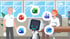 Ein Mann und eine Frau interagieren mit einem Roboter, umgeben von Microsoft Microsoft 365-Logos.