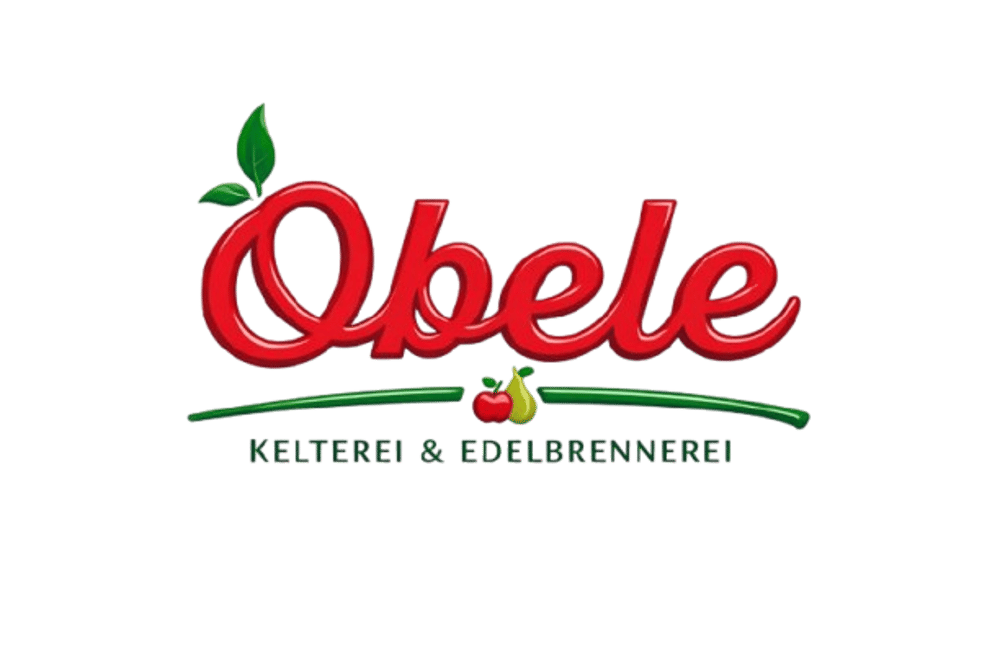 Rotes "Obele" Logo mit grünen Blättern, Apfel, Birne und Text "KELTEREI & EDELBRENNEREI" auf dunkelgrünem Hintergrund.