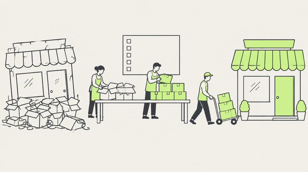 Illustration: Umzug von einem alten, unordentlichen Laden über einen Sortiertisch mit Checkliste in einen neuen Laden in Lime