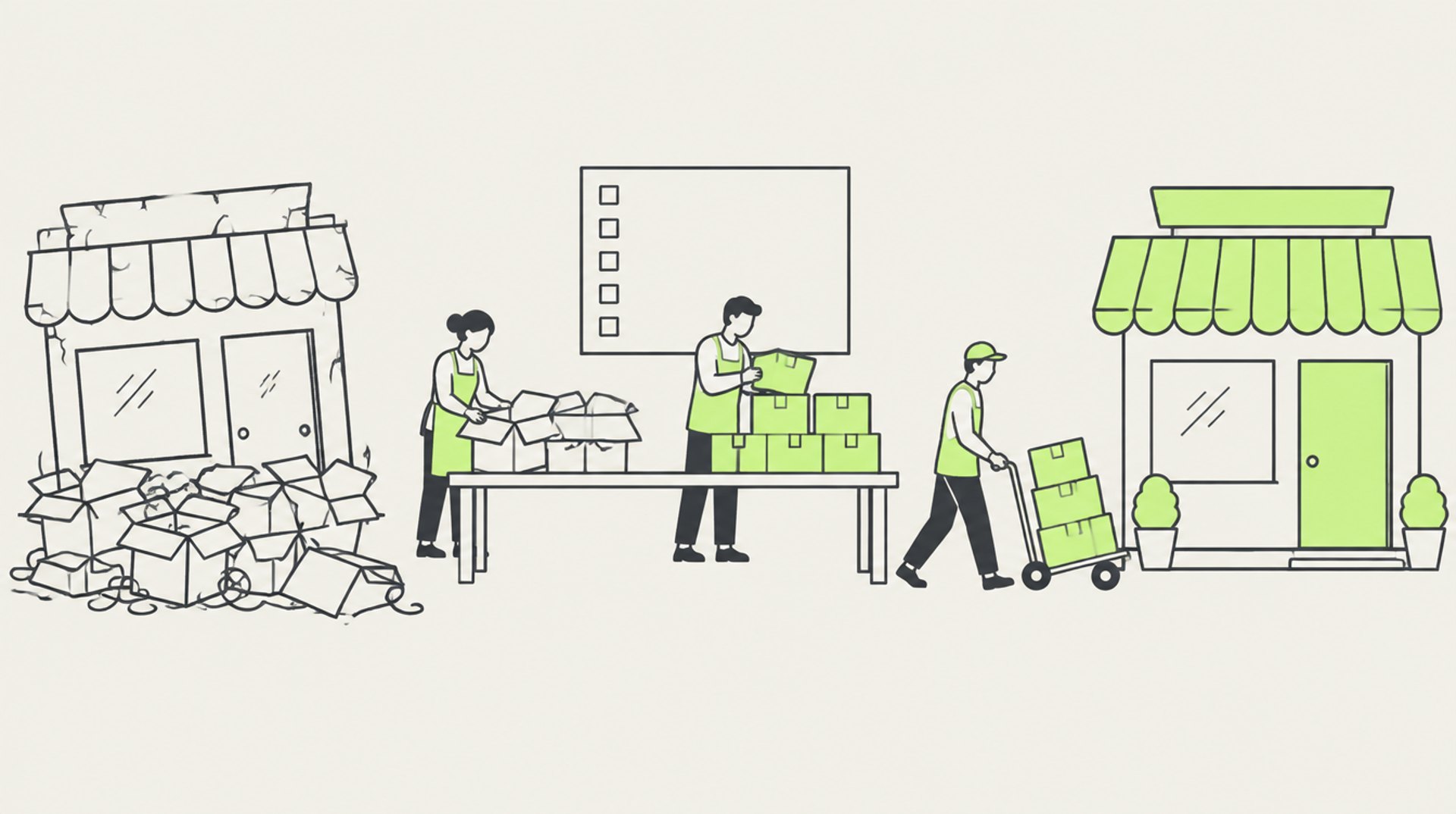 Illustration: Umzug von einem alten, unordentlichen Laden über einen Sortiertisch mit Checkliste in einen neuen Laden in Lime