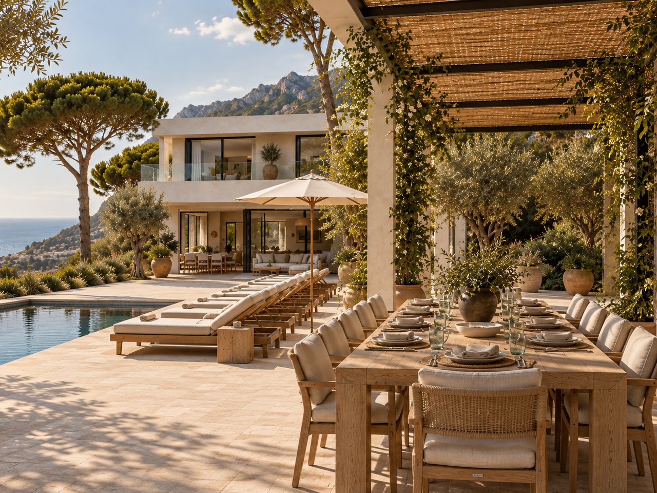 Long oak table under a pergola beside the pool and loungers