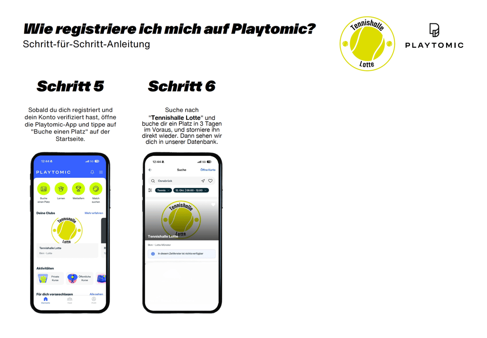 Übersicht Schritt 5 und 6: Startseite „Buche einen Platz“ und Suche nach Tennishalle Lotte