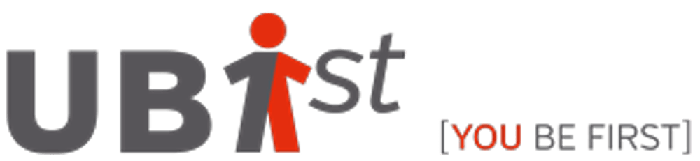 UB1st Logo mit rotem i als Person und Text "[YOU BE FIRST]".
