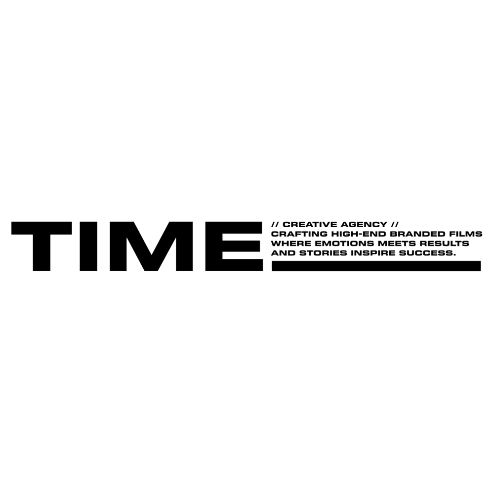 Videograf München  „TIME“ und Text „// CREATIVE AGENCY // CRAFTING HIGH-END BRANDED FILMS THAT ACHIEVE UNITS RESULTS AND STORIES INSPIRE SUCCESS.“ auf weißem,
