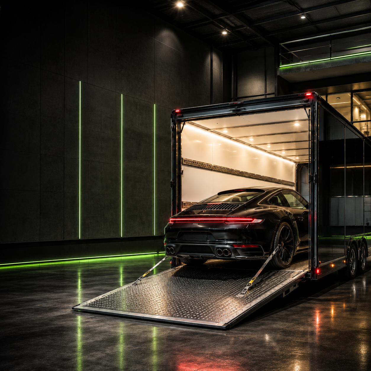 Geschlossener Premium-Fahrzeugtransport in moderner Halle