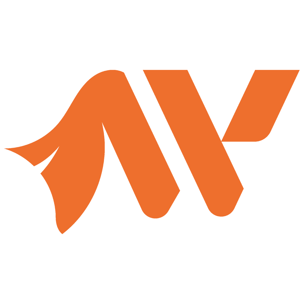 Orangefarbenes Logo mit stilisierten Buchstaben "AW" auf dunkelgrünem Hintergrund.