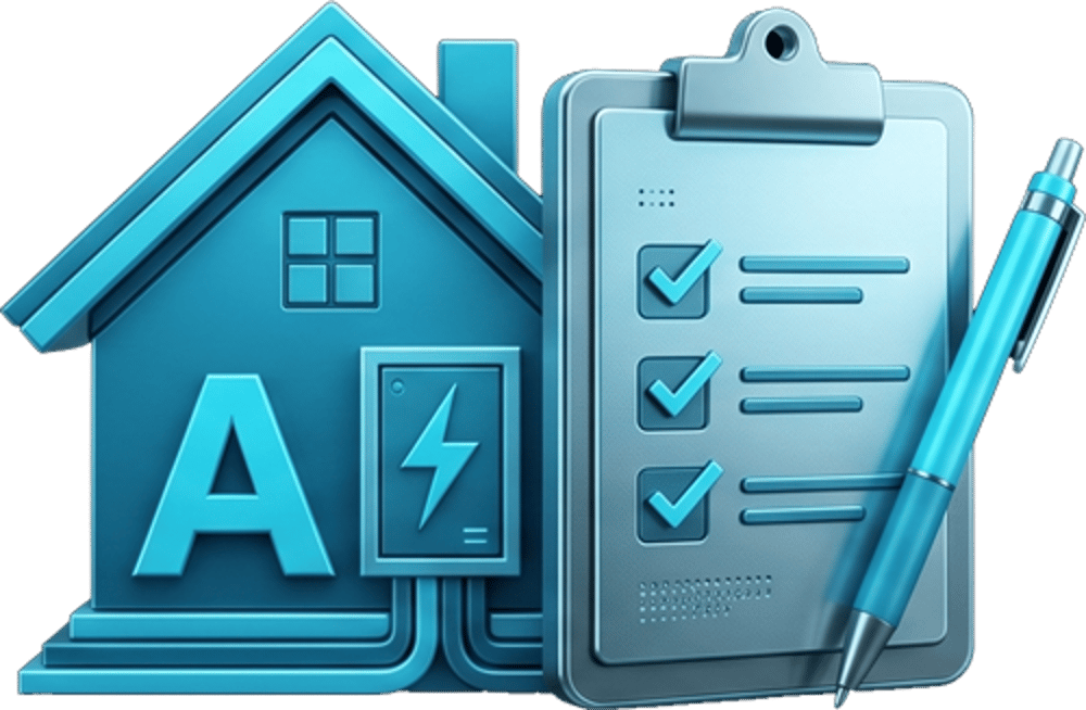 Blaues Haus mit Energieeffizienzklasse A, Blitz-Symbol und einer Checkliste mit Kugelschreiber auf schwarzem Hintergrund.