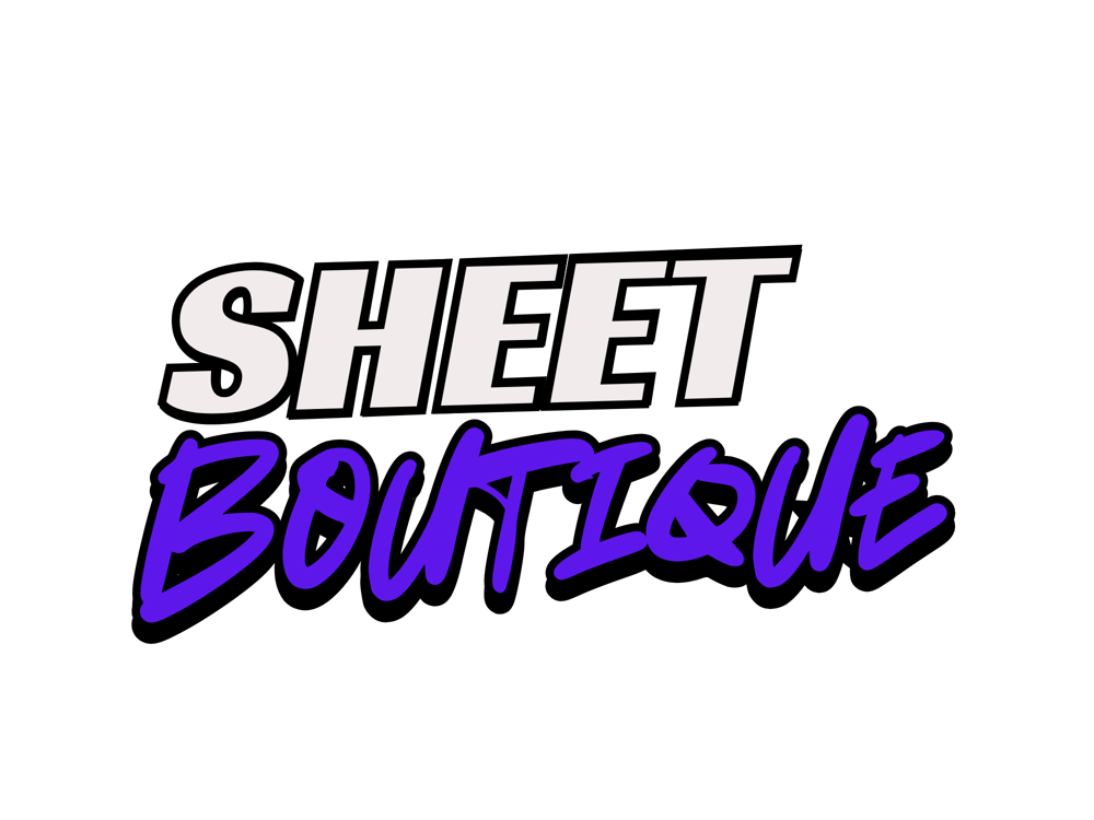 "SHEET" in Weiß und "BOUTIQUE" in Lila auf dunklem Grün.