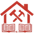 Rotes Haus-Symbol mit gekreuztem Hammer und Spitzhacke, darunter zwei offene Bücher.