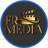 Goldener Schriftzug "FR MEDIA" mit Filmklappe und Filmstreifen-Symbol in einem grauen Kreis mit blauem Rand.