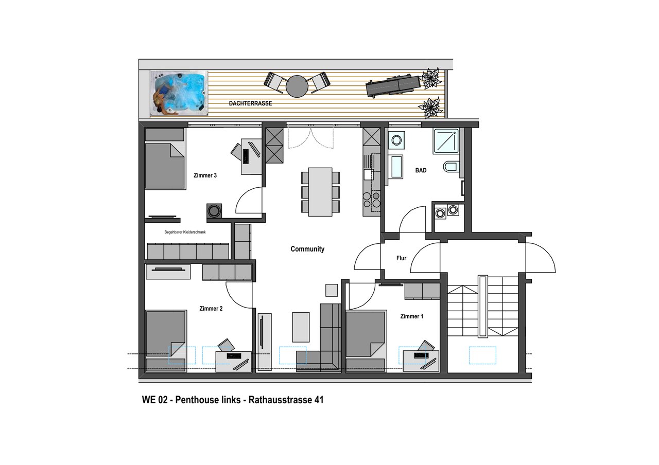 Grundriss Wohnung 2, WG-Aufteilung mit drei Zimmern, Rathausstraße 41 links