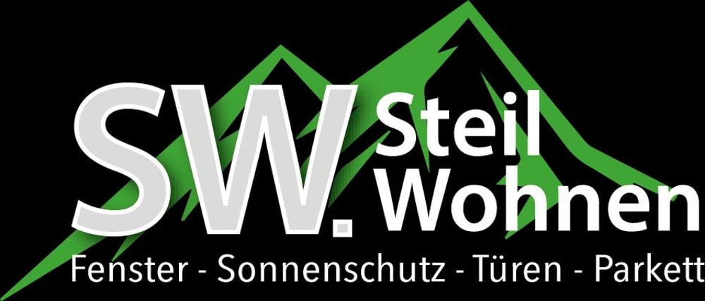 Logo von SW Steil Wohnen mit grünen Bergspitzen und Text "Fenster - Sonnenschutz - Türen - Parkett".