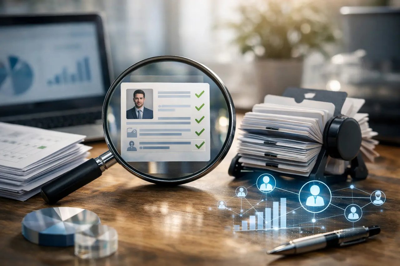 Eine Lupe vergrößert ein Bewerberprofil mit Häkchen neben einer Kartei, einem Laptop und digitalen HR-Netzwerk-Symbolen.