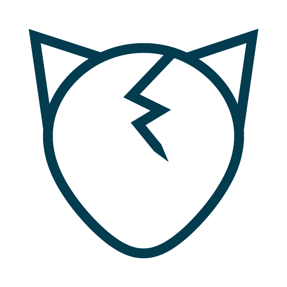 Dunkelblaues Umriss-Logo einer Katzenform mit einem Blitz in der Mitte auf grünem Hintergrund.