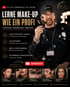 Mann mit Mikrofon und Pinsel, daneben Text "Lerne Make-up wie ein Profi" und YouTube-Video-Thumbnails.