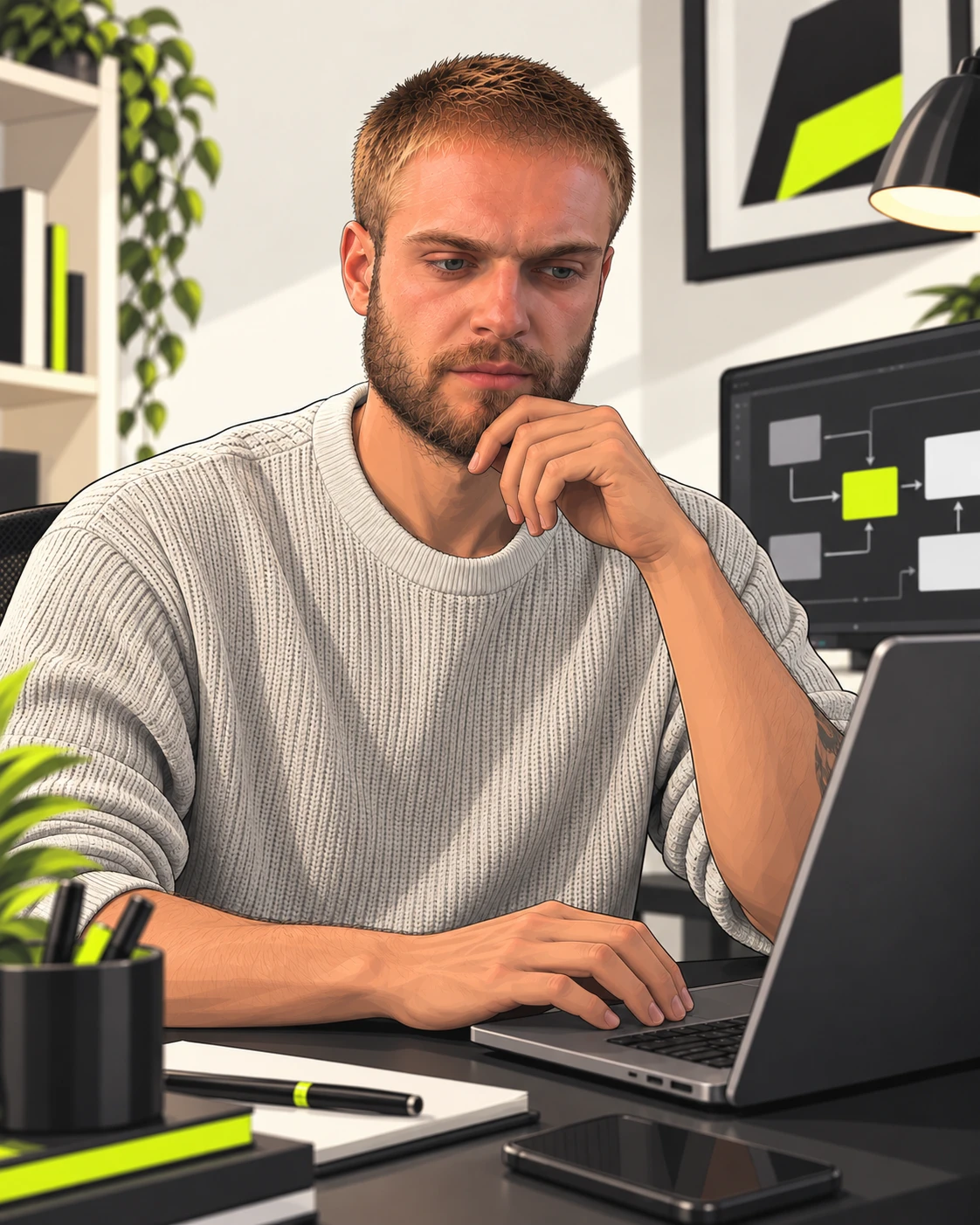 Person am Laptop, auf dem zweiten Bildschirm ein Ablaufdiagramm
