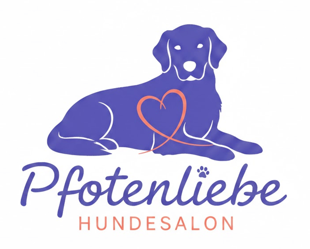 Liegehund mit Herz auf dem Körper und Text "Pfotenliebe HUNDESALON".