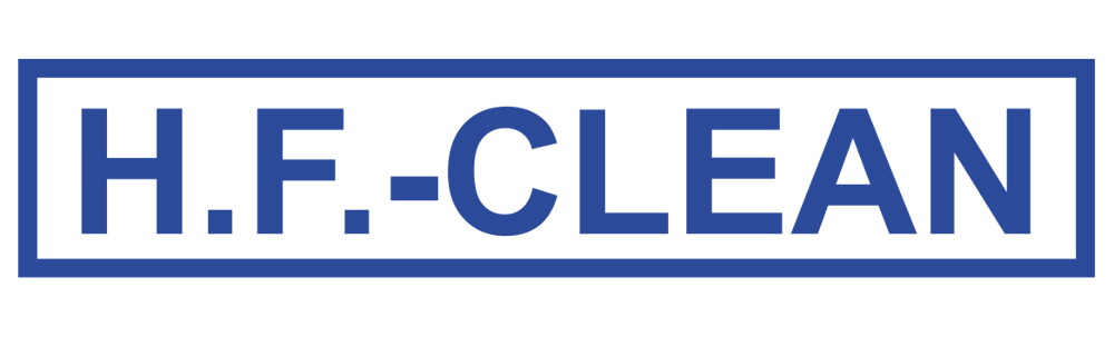 Blauer Text "H.F.-CLEAN" in einem blauen Rechteck auf schwarzem Hintergrund.