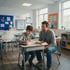A male teacher sits at a desk assisting a young student with schoolwork in a bright, modern classroom.