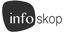 Das Infoscop-Logo zeigt den Text "info" in Weiß auf einer dunklen, organisch geformten Blase und "skop" in Schwarz daneben.