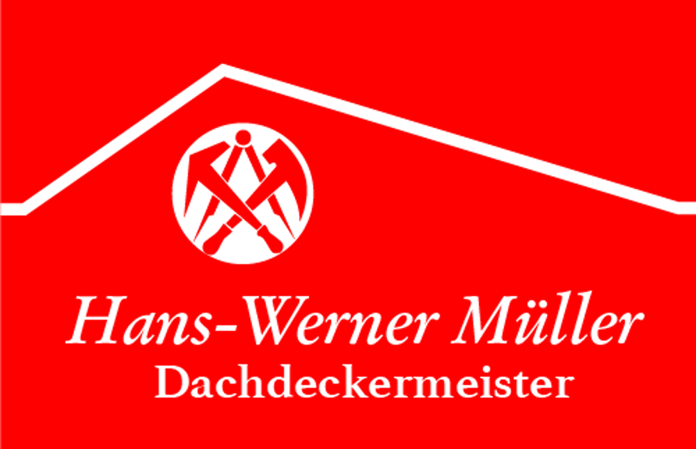 Logo: Rotes Dach mit weißer Kontur und Symbol aus Hammer, Axt, Zirkel. Text: Hans-Werner Müller Dachdeckermeister.