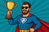 Ein muskulöser Superheld mit Bart, Sonnenbrille und blauem Anzug mit „P“-Emblem hält einen goldenen Pokal hoch.