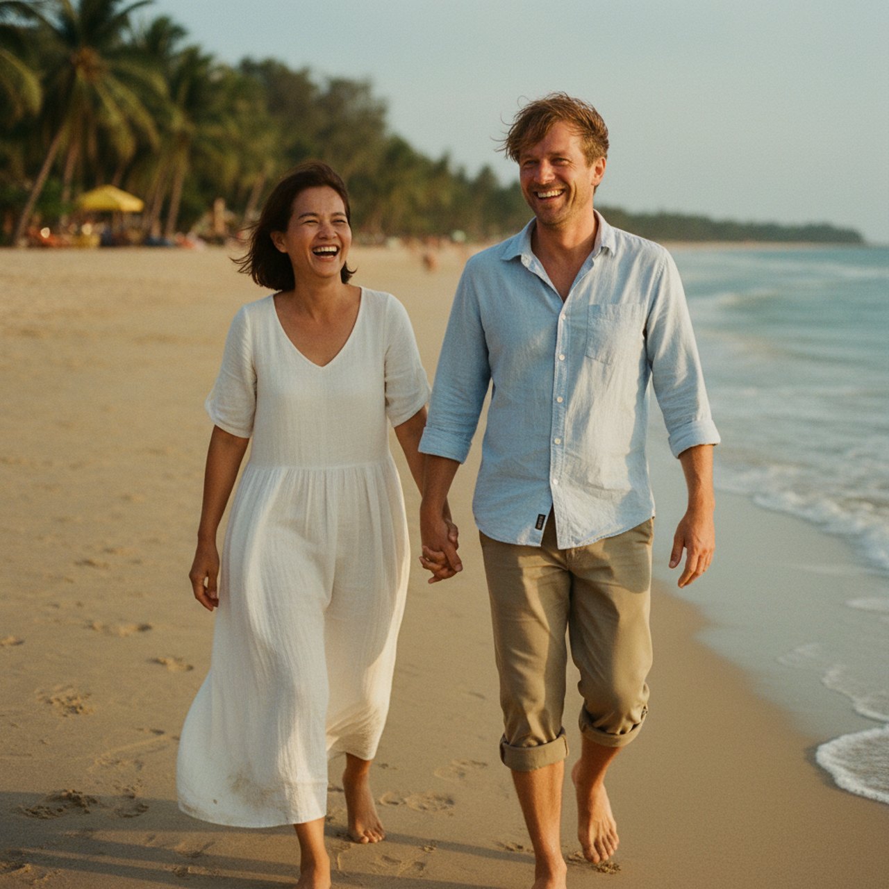 Holding hands on a beach at sunset