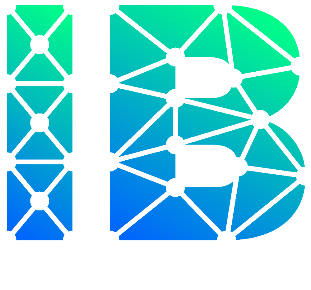 Logo "IB" aus verbundenen Dreiecken in blau-grünem Farbverlauf, darunter der Text "INNOVATIONSBÜHNE".